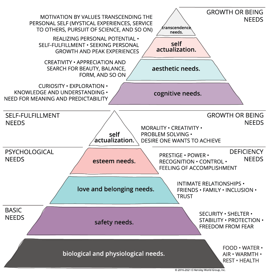 maslow’s original needs hierarchy with expanded growth or being needs hierarchy. Deficiency needs (D-needs) include Basic needs and Psychological needs. Maslow’s expanded needs hierarchy includes the Self-fulfillment needs and Self-transcendence needs. Basic needs and Psychological needs remain the same as the original needs hierarchy. (Basic needs are grouped by 1) Biological and physiological needs and 2) Safety needs. Psychological needs are comprised of 3) Love and belonging needs and 4) Esteem needs.) Self actualization needs are expanded to include 5) Cognitive needs, 4) Aesthetic needs, and 5) Self actualization needs. Transcendence needs sit at the top of the pyramid.